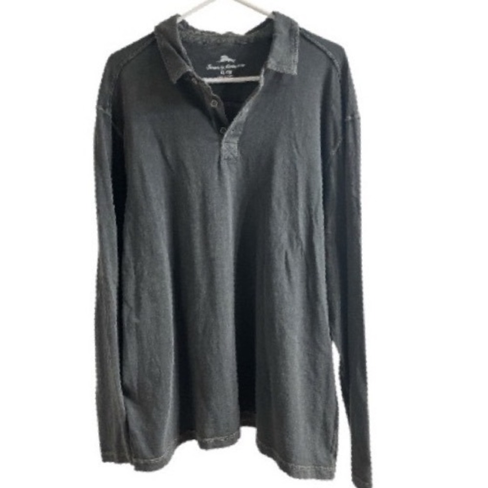 Tommy Bahama Mens XL Gray Long Sleeve Polo Shirt Cotton Slub Marl Embroidery